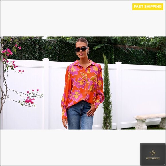 Long Sleeve V-Neck Button Down Blouse, Boho Print, Relaxed Fit, Dressy Casual - Picture 7 of 7